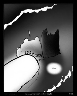 anthro black_border border duo exclamation_point facial_scar fender_(boat) head_out_of_water male rear_view scar sound_effects touching_head water wave sharkinthepark maccaw_(sharkinthepark) macleish_(sharkinthepark) avian bird canid canine canis domestic_dog mammal owl 2025 4:5 absurd_res comic greyscale hi_res monochrome