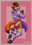 anthro blue_body blue_fur brown_body brown_fur brown_hair clothing cropped_jacket femboy fur green_hair green_pawpads hair kneeling legwear looking_at_viewer looking_back male orange_body orange_fur pattern_clothing pattern_legwear pattern_thigh_highs pattern_underwear pawpads paws pink_background rear_view simple_background solo striped_clothing striped_legwear striped_thigh_highs striped_underwear stripes teeth thigh_highs underwear white_background mario164xp canid canine fox mammal adversarial_noise hi_res