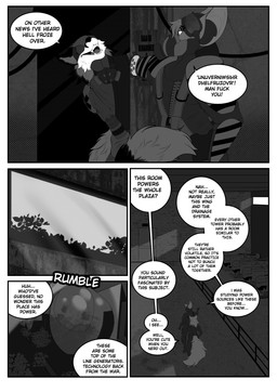 angry anthro covered_eyes dialogue duo fullbody_suit gas_mask generator inside machine male mask night profanity speech_bubble tail text viola_bat victor_johansen viola_bat_(character) bat canid canine fox mammal absurd_res comic english_text hi_res monochrome
