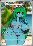 2024 anthro big_breasts bikini black_bikini black_clothing black_swimwear breast_squish breasts clothing english_text eyebrow_through_hair eyebrows eyelashes female freckles generation_1_pokemon green_hair hair huge_breasts i_am_kat95 long_hair looking_at_viewer nintendo pokemon pokemon_(species) red_eyes solo squish swimwear teal_body text thick_thighs translucent translucent_hair two-piece_swimsuit venusaur wide_hipped_female wide_hips