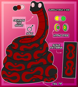 black_body black_scales color_swatch cross-eyed feral gradient_background hypnotic_eyes male markings pink_background pink_sclera red_body red_markings red_scales ringed_eyes scales simple_background solo text surrealatorium crimson_the_snake reptile scalie snake 2023 absurd_res english_text hi_res model_sheet