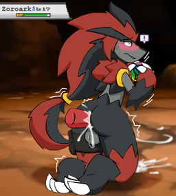 anal anal_penetration anthro backsack balls black_body black_fur blush bodily_fluids butt cave claws cum cum_in_ass cum_inside cum_on_ground cum_while_penetrated dialogue disembodied_penis duo erection evolutionary_stone fur gameplay_mechanics genital_fluids genitals grey_body grey_fur gui health_bar male male/male male_penetrated male_penetrating male_penetrating_male mega_stone nude orgasm penetration penis red_body red_fur sex shaking shivering solo_focus sweat wide_hips johnithanial fakemon nintendo pokemon fan_character canid canine generation_5_pokemon mammal mega_evolution pokemon_(species) zoroark pictographics