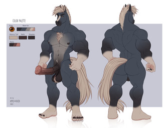 anthro arm_hair ball_tuft balls black_balls black_nipples black_penis blue_body body_hair brown_eyes butt chest_hair erection front_view genitals gloves_(marking) hair leg_hair leg_markings looking_at_viewer male markings medial_ring mouth_closed multicolored_penis muscular muscular_anthro muscular_male navel nipples nude penis rear_view red_penis simple_background socks_(marking) solo standing tail tan_hair tan_tail text tuft two_tone_penis vein veiny_penis white_body apple-faced draft_horse equid equine horse mammal 2022 artist_name dated english_text hi_res model_sheet