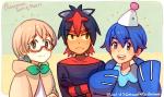 cosplay group hair male simple_background starter_trio rosel-d nintendo pokemon generation_7_pokemon human litten mammal marine pokemon_(species) popplio rowlet 2016