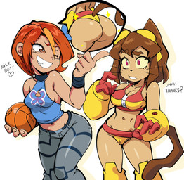 anthro ball basketball_(ball) belt bikini bottomwear breasts brown_body brown_eyes brown_hair brown_tail bubble_butt butt camel_toe cleavage_cutout clothing collarbone compliment crop_top cutout dialogue duo eyebrows eyelashes eyewear eyewear_on_head female flirting genital_outline glistening glistening_breasts glistening_butt goggles goggles_on_head hair magenta_eyes medium_breasts midriff navel one_eye_closed pants shirt smile swimwear tail topwear two-piece_swimsuit vulva_outline whiskers wink yellow_sclera lewdamone gameoverse glitch_productions planetronika butterfly_(planetronika) kit_bodega domestic_cat felid feline felis human mammal 2026 crossover hi_res
