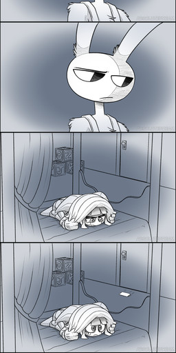 anthro bed blank_expression duo female furniture letter male paper pillow sitting smile text upset absolutedream glitch_productions the_amazing_digital_circus jax_(tadc) pomni_(tadc) lagomorph leporid mammal rabbit absurd_res comic english_text hi_res long_image tall_image