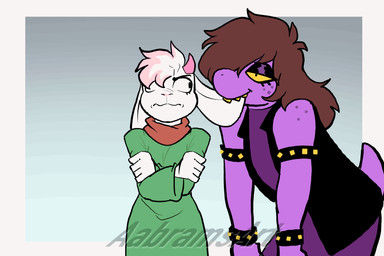annoyed biped black_clothing black_eyeshadow black_topwear black_vest bracelet brown_hair cartoon_freckles clothing duo ear_nibble eyelashes eyeshadow floppy_ears freckled_face freckled_shoulders freckles fur glistening_eyelids green_clothing green_robe hair hair_over_eye half-closed_eyes horn humor jewelry long_eyelashes makeup narrowed_eyes pink_body pink_hair pink_horn red_scarf robe scarf studded_bracelet studded_jewelry studs teeth topwear vest white_body white_fur yellow_eyes yellow_teeth aabramsart deltarune undertale_(series) ralsei susie_(deltarune) bovid caprine darkner goat mammal scalie 2026 animated digital_media_(artwork) hi_res subtle_animation