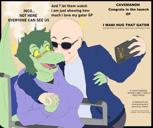 5_fingers anthro bald black_border blush border breasts cellphone claws clothing dialogue disability duo electronics eyelashes eyewear female finger_claws fingers green_body green_hair green_scales grey_eyes hair hand_holding heart_symbol hoodie hug jacket light-skinned_male light_body light_skin long_tail male male/female non-mammal_breasts open_mouth paraplegic phone scales short_hair simple_background smartphone sunglasses tail tan_background text tongue topwear vehicle wheelchair yellow_sclera badfidhell cavemanon_studios i_wani_hug_that_gator inco_(iwhtg) olivia_halford baryonyx dinosaur human mammal prehistoric_species reptile scalie spinosaurid theropod 2024 6:5 absurd_res digital_drawing_(artwork) digital_media_(artwork) english_text hi_res