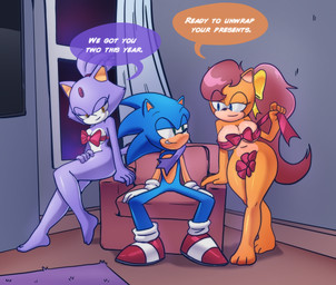 anthro big_breasts birthday blue_body blue_fur breasts clothing female footwear fur gift gloves green_eyes group group_sex hair handwear living_room male male/female mostly_nude nude polyamory purple_body sex smile solo tail text threesome trio xao_art sega sonic_the_hedgehog_(series) sonic_x-treme blaze_the_cat sonic_the_hedgehog tiara_boobowski domestic_cat eulipotyphlan felid feline felis hedgehog mammal manx absurd_res hi_res