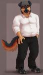 5_fingers anthro biped black_body black_fur black_nose bottomwear brown_body brown_fur clothed clothing eyebrows fingers footwear fully_clothed fur green_eyes looking_at_viewer male orange_body orange_fur pants shirt shoes simple_background slightly_chubby smile solo standing tail topwear marjani terwin bird_dog canid canine canis domestic_dog german_shepherd herding_dog hunting_dog irish_setter mammal pastoral_dog setter 2018 hi_res