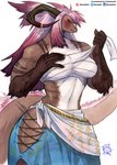 anthro breasts brown_body brown_fur chest_wraps female fur hair navel pink_hair simple_background solo tail thick_thighs white_background wraps murazaki mythology kerime_(trololohstuffs) dragon mythological_creature mythological_scalie scalie absurd_res hi_res traditional_media_(artwork)