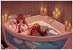 anthro bathing bathtub breasts candle detailed_background duo female female/female fire nipple_piercing nipples nude piercing smile tattoo water yellow_eyes gorsha_pendragon fyrassa_weissklaue inora_weissklaue canid canine canis fox mammal wolf 2015 digital_media_(artwork) shaded