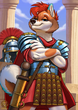 4_fingers animal_genitalia animal_penis anthro armor blue_body blue_eyes blue_fur canine_genitalia canine_penis claws detailed_background fingers fur galea genitals gladius hair headgear helmet looking_at_viewer looking_pleasured lorica_(armor) lorica_segmentata male melee_weapon orange_body orange_fur penis red_hair smile smiling_at_viewer solo sword weapon white_body white_fur vestina bastian_husky canid canine canis domestic_dog husky mammal nordic_sled_dog spitz hi_res