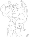 abs anthro big_biceps big_bulge big_pecs bulge clothed clothing ear_fins fin flexing flexing_bicep horn looking_at_self male membrane_(anatomy) membranous_wings muscular muscular_anthro muscular_arms muscular_male pecs tail underwear underwear_only wings juano european_mythology mythology redsaber_(character) dragon mythological_creature mythological_scalie scalie western_dragon 2009 line_art monochrome