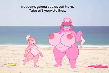 accessory anthro beach big_breasts breasts clothing clothing_aside duo eyewear female flower flower_in_hair genitals glasses hair hair_accessory huge_breasts nude nude_beach nude_female overweight overweight_female pink_body pink_hair plant sea size_difference text undressing vulva water chunkyoreo lagomorph leporid mammal rabbit english_text hi_res