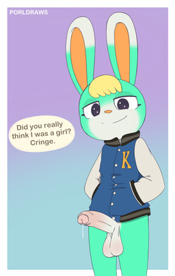 anthro balls bodily_fluids bottomless clothed clothing dialogue dripping erection femboy foreskin gender_confusion genital_fluids genitals humanoid_genitalia humanoid_penis jacket long_ears looking_at_viewer male partially_clothed partially_retracted_foreskin penis precum precum_drip simple_background smile solo speech_bubble talking_to_viewer text topwear porldraws animal_crossing nintendo sasha_(animal_crossing) lagomorph leporid mammal rabbit absurd_res digital_media_(artwork) english_text hi_res signature