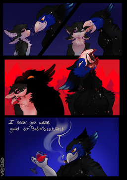 4_ears 4_panel_comic alcohol almost_fully_inside ambiguous_gender anthro anthro_on_anthro anthro_pred beak beak_bite beverage bite biting_head black_body black_border black_feathers black_fur black_sclera blood blood_from_mouth blood_in_mouth blood_on_face blood_splatter blue_background blue_body blue_feathers blue_markings bodily_fluids border breath chest_tuft cigar cigar_in_mouth cigarette claws container cup death decapitation dialogue dominant dominant_male drinking_glass duo eating face_lick fatal_vore feathered_wings feathers fingers fluffy fur glass glass_container glass_cup gore gore_focus gradient_background grin hair happy head_in_mouth holding_container holding_cup holding_glass holding_object imminent_vore in_mouth inner_ear_fluff killing larger_anthro larger_male larger_pred licking looking_at_another looking_pleasured looking_up male male_anthro male_pred markings multi_ear multicolored_body murderer narrowed_eyes neck_bulge nude object_in_mouth one_eye_closed open_beak open_mouth oral_vore orange_eyes panel_overlap panel_skew partially_inside purple_eyes red_background shadow side_view silhouette simple_background size_difference smaller_anthro smile smirk smoke smoking smoking_cigarette smug smug_grin sparkles speech_bubble standing steam surprise_vore swallowing talking_to_another text tongue tongue_out tuft tufted_fur vore white_beak white_body white_feathers white_fur wine wine_glass winged_arms wings vero_(artist) mythology fyr_(fenrir784) stardust_(kuda) avali avian bird gryphon mythological_avian mythological_creature 2026 absurd_res colored comic digital_drawing_(artwork) digital_media_(artwork) english_text hi_res shaded signature simple_shading