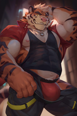 abs alley anthro barazoku biceps biped black_bottomwear black_clothing black_pants black_shirt black_stripes black_tank_top black_topwear bottomwear bottomwear_down bulge clothed clothing fur hair hand_behind_head jacket jewelry jockstrap male multicolored_body multicolored_fur muscular muscular_anthro muscular_male navel necklace nipples orange_body orange_eyes orange_fur outside pants pants_down partially_clothed pecs red_clothing red_jacket red_jockstrap red_topwear red_underwear shirt solo streetwear striped_body striped_fur stripes tank_top techwear topwear triceps two_tone_body two_tone_fur underwear white_body white_fur white_hair marius_tygo felid mammal pantherine tiger 2023 absurd_res hi_res shaded soft_shading