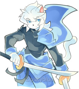 anthro blue_eyes cape clothing fur holding_object holding_weapon male solo weapon white_body white_fur zipskyblue akira_(zipskyblue) felid feline mammal hi_res