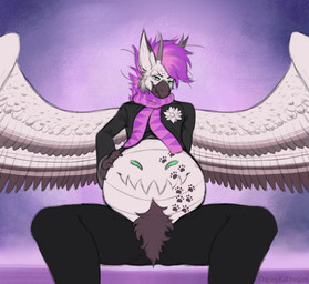 anthro belly bottomwear clothing jacket male markings pants scarf shirt topwear wings thejoyfuldragon mythology avian gryphon mythological_avian mythological_creature hi_res