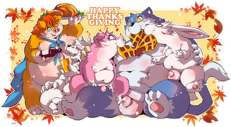 3_toes 4_fingers alcohol ambiguous_gender animal_genitalia anthro anthro_on_anthro anus balls belly beverage big_balls big_belly big_breasts big_moobs black_nose blue_balls blue_body blue_eyes blue_fur blue_markings blue_tail breasts butt cheek_tuft closed_smile cute_fangs dipstick_tail eating eyes_closed facial_tuft fangs feet female fingers flaccid floppy_ears food foreskin front_view fur genitals glistening glistening_balls glistening_body glistening_breasts glistening_eyes glistening_genitalia glistening_nipples glistening_penis gloves_(marking) grey_balls grey_body grey_fur grey_markings grey_tail_tip group hair halloween_decoration hand_on_back hand_on_leg head_tuft holding_another holidays huge_belly humanoid_genitalia humanoid_penis hybrid_genitalia hybrid_penis larger_anthro larger_male leg_markings light long_ears lying male markings meat moobs mouth_closed multicolored_body multicolored_ears multicolored_fur musical_note musical_symbol nipples nude on_back on_front on_lap open_mouth open_smile orange_body orange_fur orange_hair orange_leaves overweight overweight_anthro overweight_female overweight_male pawpads penis pink_anus pink_balls pink_body pink_fur pink_nipples pink_nose pink_pawpads pink_penis plant pumpkin_patch pupils reading red_markings sheath sheathed_humanoid_penis simple_background sitting sitting_on_lap size_difference slightly_chubby slightly_chubby_anthro slightly_chubby_female slightly_chubby_male slightly_chubby_young slit_pupils small_balls smaller_anthro smaller_male smile snout socks_(marking) standing symbol tail tail_markings teeth text thick_thighs toes tuft turkey_meat two_tone_body two_tone_ears two_tone_fur two_tone_tail white_body white_fur white_sclera wide_hips wine wine_bottle yellow_eyes young young_anthro young_male chibineco thanksgiving ambiguous_species canid canine canis domestic_cat domestic_dog domestic_pig felid feline felis mammal suid suine sus_(pig) 2025 colored digital_drawing_(artwork) digital_media_(artwork) english_text hi_res lighting shaded widescreen