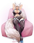 big_breasts boots bottomwear breasts cleavage clothed clothing female footwear hair jewelry legwear navel necklace raised_arms shoes shorts sitting solo thigh_boots thigh_highs white_hair nofuture animal_humanoid canid canid_humanoid canine canine_humanoid fox_humanoid humanoid mammal mammal_humanoid 2021 absurd_res hi_res