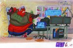 anthro big_cheeks chair chubby_cheeks computer duo electronics fern food for_a_head furniture ill-fitting_clothes livestream male microphone monitor morbidly_obese morbidly_obese_anthro morbidly_obese_male obese obese_anthro obese_male office_chair overweight overweight_anthro overweight_male pizza screen screen_face stuck stuck_in_door television yellow-throated_warbler_(artist) pyrocynical canid canine fox mammal object_head screen_head tv_head absurd_res hi_res