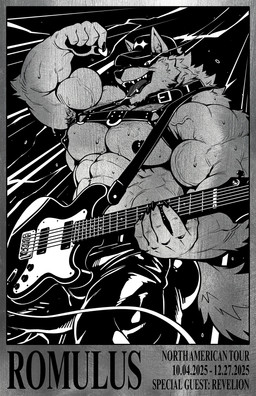 abs anthro armpit_tuft barazoku big_arms big_muscles big_pecs bodily_fluids body_hair bottomwear clothing collar electric_guitar flexing glistening glistening_bottomwear glistening_clothing glistening_pants guitar harness leather leather_harness male muscular muscular_anthro muscular_male musical_instrument nipples pants pecs plucked_string_instrument poster poster_design rocking_out solo string_instrument sweat tight_bottomwear tight_clothing tight_pants revelion romulus_(revelion) canid canine canis mammal wolf black_and_white hi_res monochrome
