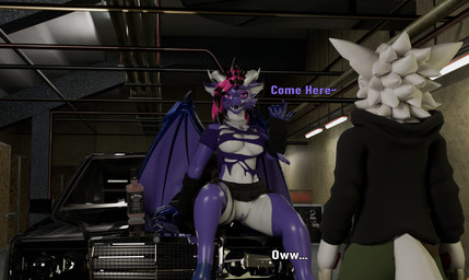 anthro bottomwear clothed clothing clothing_lift duo female fur garage_(building) genitals male male/female skirt skirt_lift vulva white_body white_fur wings z4rk0 jack_daniel's mercedes-benz mythology dragon mythological_creature mythological_scalie scalie skulldog_(species) absurd_res hi_res