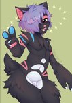 anthro black_body black_fur blue_markings blue_pawpads chest_tuft claws fur gesture green_background hair hair_over_eye hand_gesture inner_ear_fluff looking_at_viewer male markings navel nude open_mouth open_smile pawpads pink_inner_ear pink_inner_ear_fluff pink_markings pink_nose pink_pawpads pink_tongue purple_hair short_hair short_tail simple_background smile solo tail teeth tongue tuft v_sign white_claws white_markings wide_hips onigiriad domestic_cat felid feline felis mammal 2022 clip_studio_paint_(artwork) digital_drawing_(artwork) digital_media_(artwork) half-length_portrait portrait shaded soft_shading