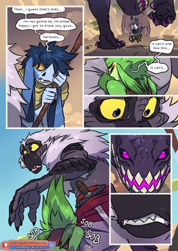 anthro blind blue_eyes bodily_fluids claws cornered crying day dialogue disability female feral grey_body group jagged_teeth male melee_weapon mountain purple_eyes scared sharp_teeth staff sweat sword tail tears teeth text trio weapon yellow_sclera zummeng chili_(zummeng) nigel_(zummeng) tristan_(zummeng) elvian haplorhine hybrid lagomorph leporid mammal monkey monster primate rabbit rhinoceros comic english_text hi_res