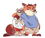 anthro bodily_fluids bottomwear clothing duo hug humanoid_hands male orange_body overweight overweight_male shirt shorts simple_background sweat topwear white_background nobby_(artist) disney zootopia gideon_grey travis_(zootopia) black-footed_ferret canid canine fox mammal mustelid musteline red_fox true_fox true_musteline weasel 2016