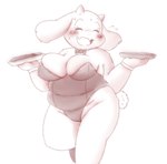 anthro belly big_breasts blush bodily_fluids bow_tie breasts cleavage clothed clothing dessert eyelashes eyes_closed fake_rabbit_tail fake_tail female floppy_ears flying_sweatdrops food fur holding_object horn leotard mature_anthro mature_female on_one_leg open_mouth open_smile overweight overweight_anthro overweight_female pastry pie shirt_collar shirt_cuffs smile solo standing sweat sweatdrop alpi undertale undertale_(series) toriel boss_monster_(undertale) bovid caprine mammal 2023 digital_media_(artwork) monochrome portrait three-quarter_portrait