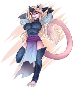 armor barefoot big_breasts blonde_hair blue_eyes blush breasts clothing eyelashes feet female fluffy fluffy_tail fur hair headpiece long_hair pink_body pink_fur prehensile_feet sash smile solo tail teeth toes warrior unknown_artist haplorhine mammal monkey primate