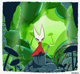 2_horns ambiguous_gender biped black_eyes black_text cloak clothing horn melee_weapon plant red_cloak red_clothing sitting solo text weapon cyrifikuse hollow_knight:_silksong hollow_knight_(franchise) team_cherry hornet_(hollow_knight) arthropod 2025 animated artist_name english_text