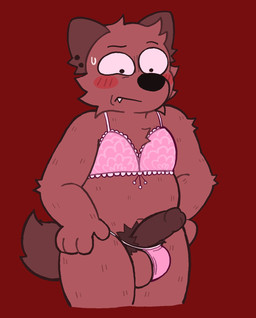 anthro balls bikini blush blush_lines bodily_fluids brown_body brown_fur chest_tuft clothed clothing crossdressing ear_piercing erection fur genitals hands_on_hips ineffective_clothing male penis piercing pubes solo sweat sweatdrop swimwear tail tuft two-piece_swimsuit ohmygoditguppy william_(ohmygoditguppy) canid canine canis domestic_dog mammal 2023 hi_res