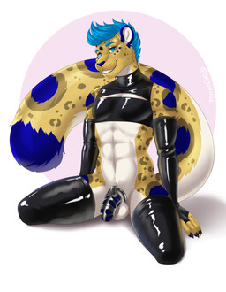 anthro armwear balls chastity_cage chastity_device clothing fur genitals hair kneeling latex latex_armwear latex_clothing latex_legwear latex_skinsuit latex_thigh_highs legwear looking_at_viewer male markings nude penis simple_background skinsuit smile solo spots spotted_body spotted_fur submissive submissive_male tail thigh_highs tight_clothing sajophoe trey_(treylep) felid leopard mammal pantherine absurd_res digital_media_(artwork) hi_res