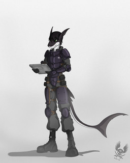 anthro armor boots clothing computer cyberpunk electronics footwear green_eyes hair laptop male military shoes simple_background solo tablet tablet_computer kaiser-vi aquatic fish shark hi_res signature