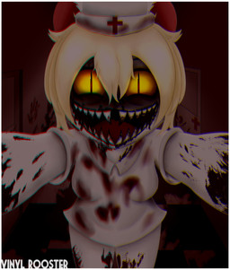 anthro biped blood blood_in_mouth blood_on_face blood_on_hand bodily_fluids border clothing female female_anthro front_view fur looking_at_viewer nightmare_fuel nurse_clothing smile smiling_at_viewer solo standing white_body white_border white_fur yellow_eyes vinylrooster terrible_mouse lorna_(terrible_mouse) mammal mouse murid murine rodent hi_res