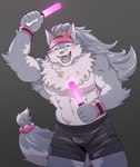 abs anthro athletic athletic_anthro athletic_male blush bottomwear cheering clothed clothing fur glowstick grey_body grey_fur hat headgear headwear male pecs shorts solo topless visor_cap launcher_r lifewonders tokyo_afterschool_summoners hati_(tas) canid canine canis mammal wolf hi_res