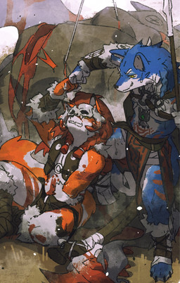anthro armor athletic athletic_anthro bandage blood blue_body blue_fur blue_hair bodily_fluids bodypaint bone_mask bottomwear bracers braided_hair chest_armor clothing countershading duo eye_contact fist_bump footwear fur furgonomic_footwear furgonomics gesture hair loincloth looking_at_another male markings mask melee_weapon multicolored_body multicolored_fur navel orange_body orange_fur orange_hair polearm shoes spear staff tribal tribal_clothing tribal_markings two_tone_body two_tone_fur weapon white_body white_fur yellow_eyes juo1 canid canine canis fox mammal monster wolf 2025 hi_res