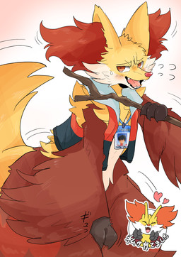 after_transformation anthro blush bodily_fluids bottomless clothed clothing duo evolution evolution_(transformation) fur gesture hand_gesture heart_symbol id_card inner_ear_fluff lanyard magic_wand male name_badge nervous open_mouth orange_body orange_fur partially_clothed red_body red_fur sleveless_clothing stick sweat text topwear topwear_only transformation tuft v_sign vest vest_only yellow_body yellow_fur yakumomidori1 nintendo pokemon delphox generation_6_pokemon pokemon_(species) headshot_portrait hi_res japanese_text portrait