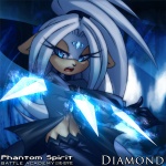 blue_eyes clothing diamond_(gem) female gem glowing magic open_mouth solo text roksanath phantom_spirit_battle_academy wulven_game_studios 1:1 english_text