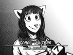 2022 80's_theme anthro bangs black_and_white black_hair canid canine canis carol_(hladilnik) clothed clothing comic cover cover_art domestic_dog electronics english_text female hair happy hi_res hladilnik interview long_hair mammal microphone monochrome news news_reporter reporter simple_background smile solo sweater text topwear vhs vhs_artifacts vhs_filter white_background