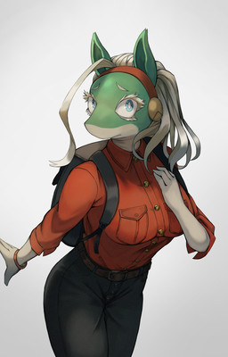 anthro backpack belt blue_eyes bottomwear bracelet breasts clothing collared_shirt dress_shirt female hair head_accessory jewelry multicolored_body pants red_dress_shirt shirt simple_background solo topwear two_tone_body white_hair barcy my_hero_academia ippan_josei unknown_species 2022 hi_res