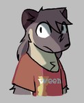 anthro bangs brown_body brown_fur chest_tuft clothing fur grey_background hair long_hair male shirt simple_background t-shirt topwear tuft ariverdry ween_(band) mammal mustelid musteline true_musteline weasel