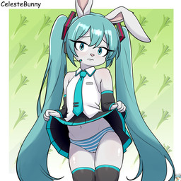 4_fingers accessory alternate_species anthro armwear biped black_clothing blue_clothing blue_eyes blue_hair blue_necktie blue_panties blue_underwear blush bottomwear camel_toe clothed clothing clothing_lift cosplay dress dress_lift electronics eyebrows eyelashes female fingers flat_chested food fur furrification hair headgear headphones leek legwear long_hair looking_at_viewer navel necktie onion panties pattern_bottomwear pattern_clothing pattern_panties pattern_underwear pigtails pink_nose plant presenting presenting_panties presenting_underwear shy simple_background skirt skirt_lift solo standing striped_bottomwear striped_clothing striped_panties striped_underwear stripes thigh_highs twintails_(hairstyle) underwear upskirt vegetable white_body white_clothing white_fur white_panties white_underwear young young_anthro young_female celestebunny vocaloid yamaha_corporation hatsune_miku lagomorph leporid mammal rabbit 1:1 absurd_res digital_media_(artwork) hi_res