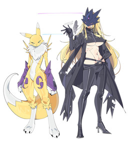 3_eyes ambiguous_gender anthro boots chest_tuft clothed clothing duo featureless_crotch female footwear high_heeled_boots high_heels midriff multi_eye shoes tail tuft zocehuy bandai_namco digimon beelstarmon canid digimon_(species) humanoid mammal renamon hi_res