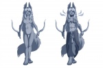 anthro blue_and_white breasts canid canine canis clothed clothing female genitals greyscale humanoid_pointy_ears jackal mammal melee_weapon monochrome nipples nude off/on pusspuss pussy simple_background solo sword weapon white_background