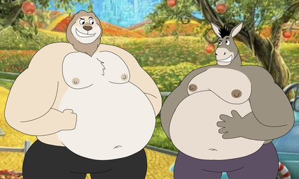 5_fingers anthro areola arms_bent belly big_belly black_bottomwear black_clothing black_eyebrows black_eyes black_mane black_pants bottomwear brown_areola brown_nipples brown_nose chest_tuft clothed clothed_anthro clothed_male clothing duo eye_contact eyebrows fence fingers fist fur grey_body grey_fur hand_on_own_belly larger_anthro larger_male long_ears looking_at_another male male_anthro mane moobs multicolored_body multicolored_fur navel nipples obese obese_anthro obese_male overweight overweight_anthro overweight_male pants plant purple_bottomwear purple_clothing purple_pants screencap screencap_background size_difference smaller_anthro smaller_male smile smiling_at_another smiling_at_each_other standing tan_body tan_fur tan_mane tan_nipples thick_thighs topless topless_anthro topless_male tree tuft two_tone_body two_tone_fur white_mouth wide_hipped_anthro wide_hipped_male wolfox90210 dreamworks father_of_the_pride shrek_(series) donkey_(shrek) larry_(father_of_the_pride) asinus donkey equid equine felid lion mammal pantherine 2025 crossover digital_drawing_(artwork) digital_media_(artwork) english_description flat_colors hi_res
